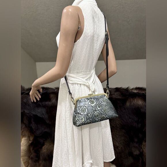 Gray Roses Handmade Embossed Cowhide Push-lock Clutch/Shoulder Bag, Crossbody - Picture 8 of 14
